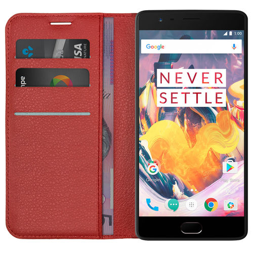 Leather Wallet Case & Card Holder Pouch for OnePlus 3 / 3T - Red